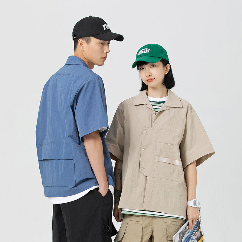Vintage Large Pocket Blue Japanese Cuban-collared Shirt Summer Workshirt