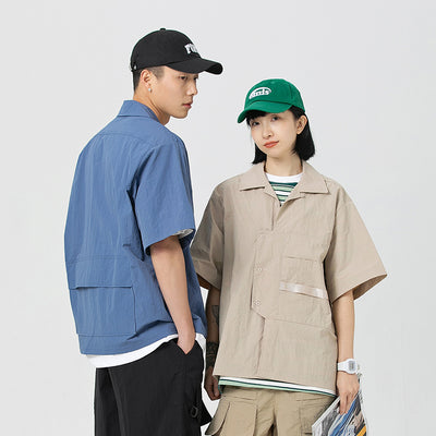 Vintage Large Pocket Blue Japanese Cuban-collared Shirt Summer Workshirt
