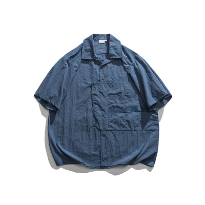 Vintage Large Pocket Blue Japanese Cuban-collared Shirt Summer Workshirt