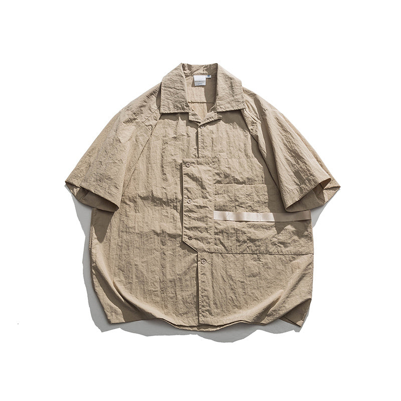 Vintage Large Pocket Blue Japanese Cuban-collared Shirt Summer Workshirt