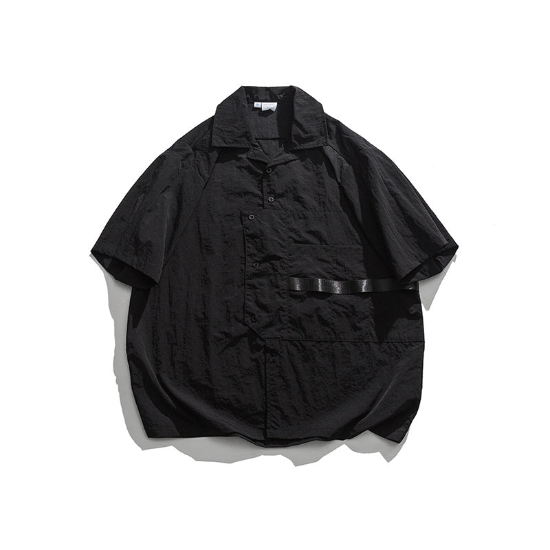 Vintage Large Pocket Blue Japanese Cuban-collared Shirt Summer Workshirt