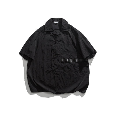 Vintage Large Pocket Blue Japanese Cuban-collared Shirt Summer Workshirt
