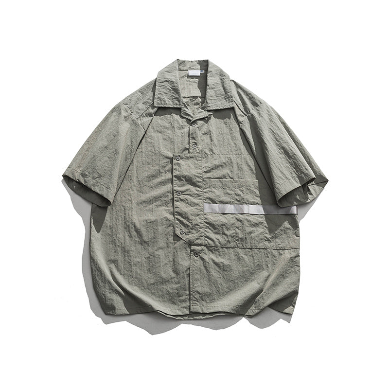Vintage Large Pocket Blue Japanese Cuban-collared Shirt Summer Workshirt