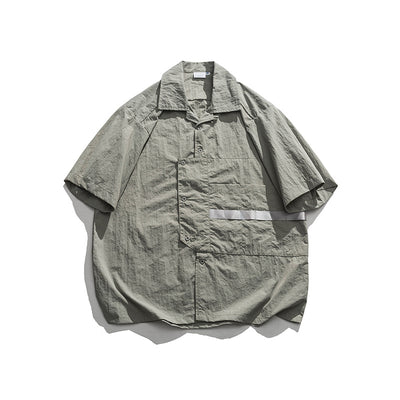 Vintage Large Pocket Blue Japanese Cuban-collared Shirt Summer Workshirt